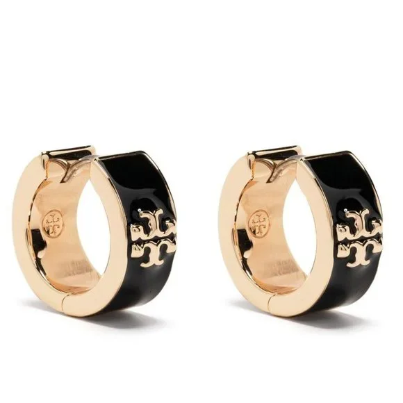 Tory Burch Kira Enamel Hoop Earrings in Black (Brand New) - Picture 2 of 8